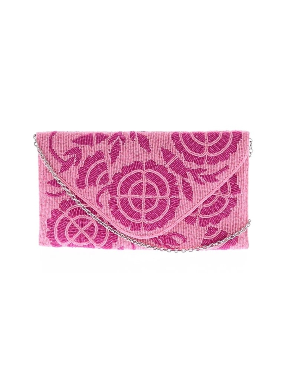Pink Floral Beaded Envelope Crossbody Clutch with Silver Chain